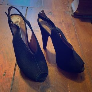 Prada black suede open toe pumps 37.5/7.5 comfy